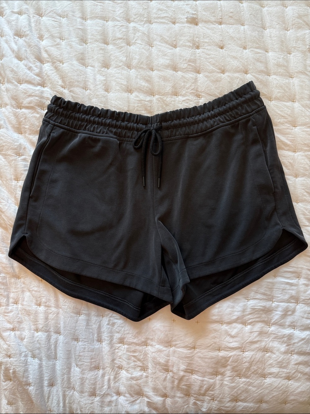 Athleta Midrise Seasoft Black Drawstring Athletic Shorts with Curved Hem